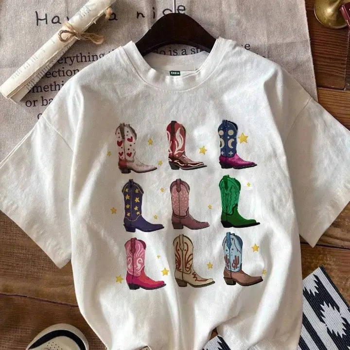Women's T-Shirt, Denim Vintage Retro Denim Graphic, Vintage Hippie Western Loose Cute Top, Girl's Boots