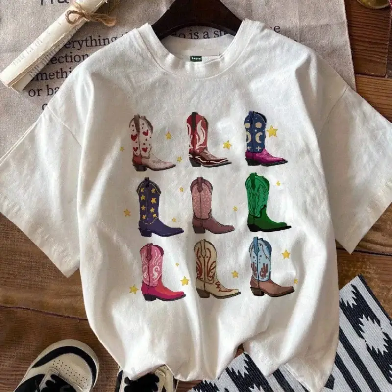 Women's T-Shirt, Denim Vintage Retro Denim Graphic, Vintage Hippie Western Loose Cute Top, Girl's Boots