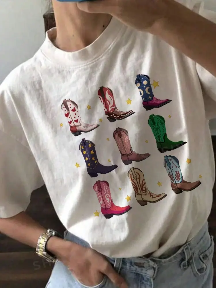Women's T-Shirt, Denim Vintage Retro Denim Graphic, Vintage Hippie Western Loose Cute Top, Girl's Boots — feature 3