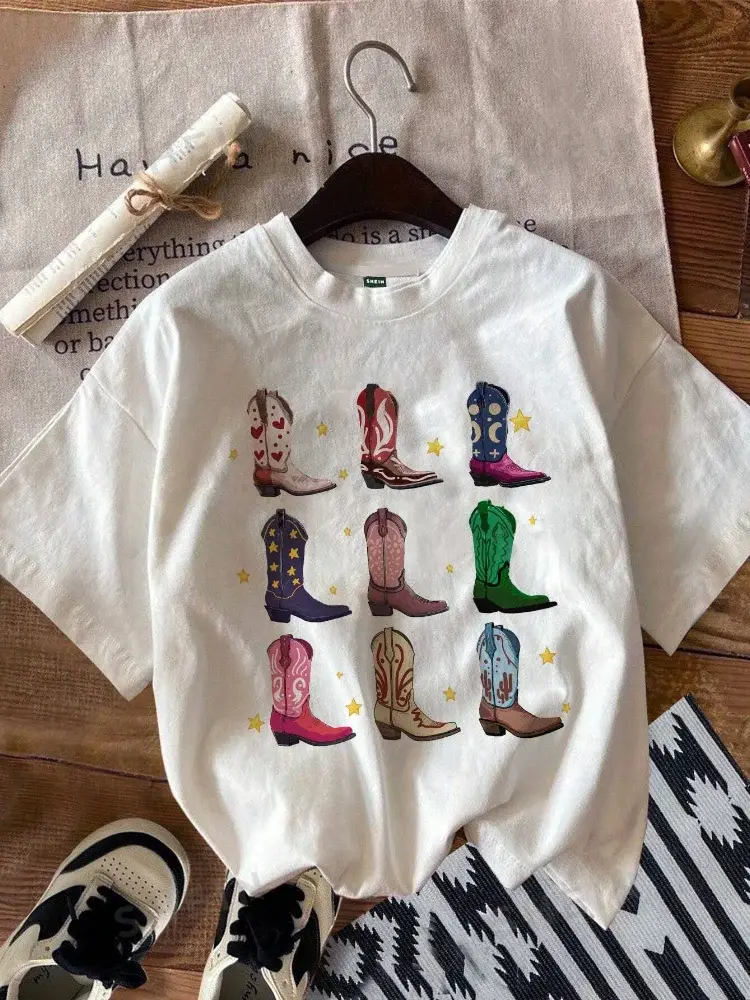 Women's T-Shirt, Denim Vintage Retro Denim Graphic, Vintage Hippie Western Loose Cute Top, Girl's Boots — feature 4