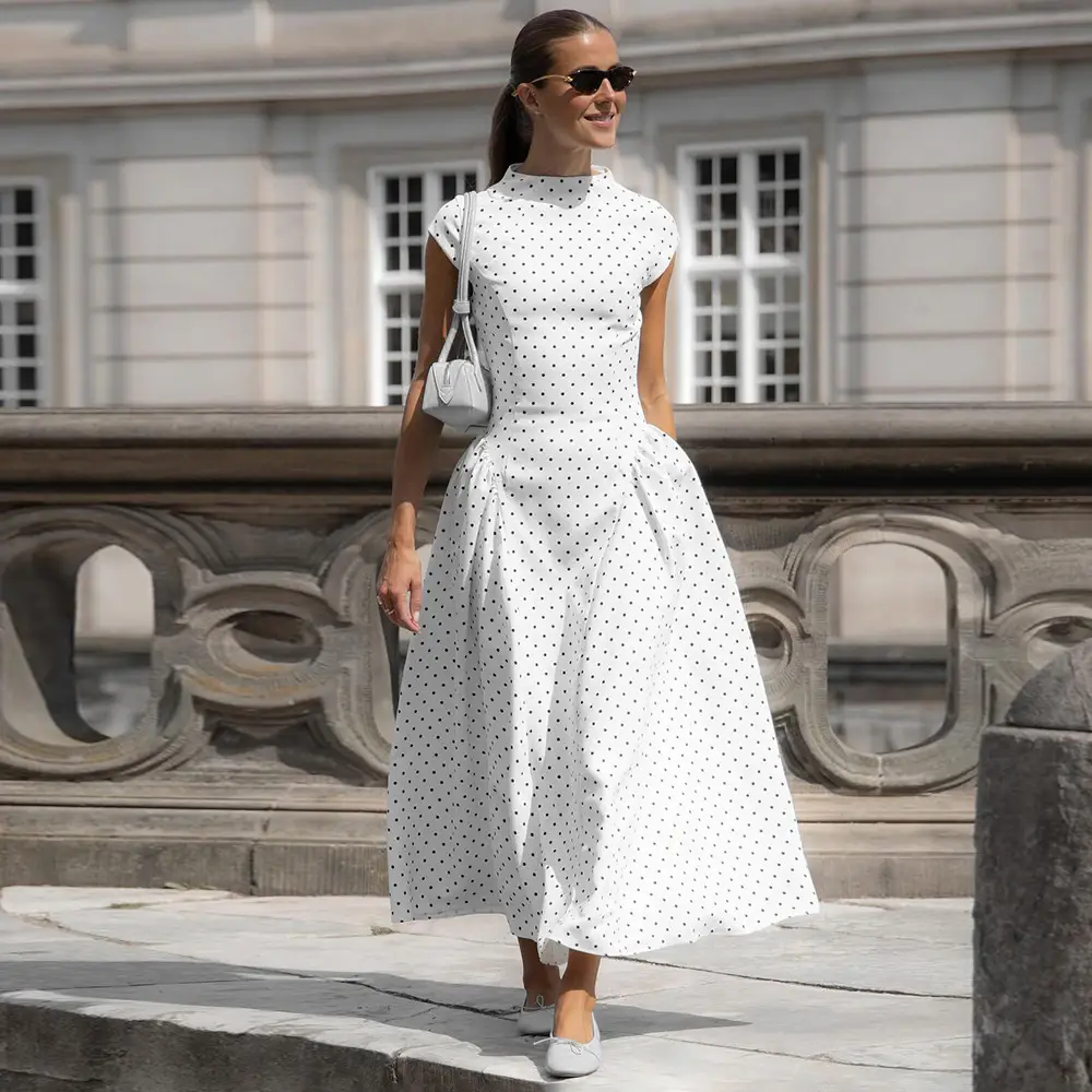 Cross-Border E-Commerce Women's Clothing French Classical Cheongsam Style Slim Fit Round Neck Sleeveless Figure-Flattering Polka Dot Print Dress for Women — feature 5