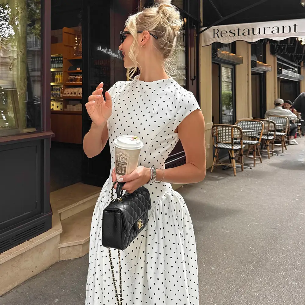 Cross-Border E-Commerce Women's Clothing French Classical Cheongsam Style Slim Fit Round Neck Sleeveless Figure-Flattering Polka Dot Print Dress for Women — feature 7