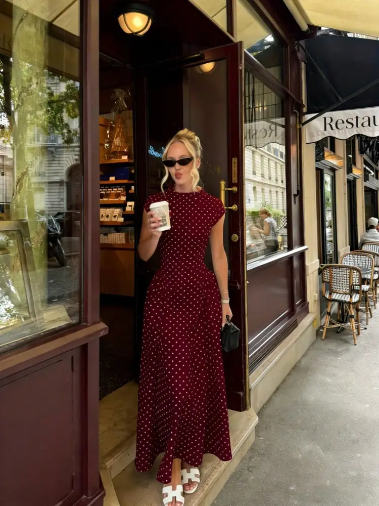 Cross-Border E-Commerce Women's Clothing French Classical Cheongsam Style Slim Fit Round Neck Sleeveless Figure-Flattering Polka Dot Print Dress for Women