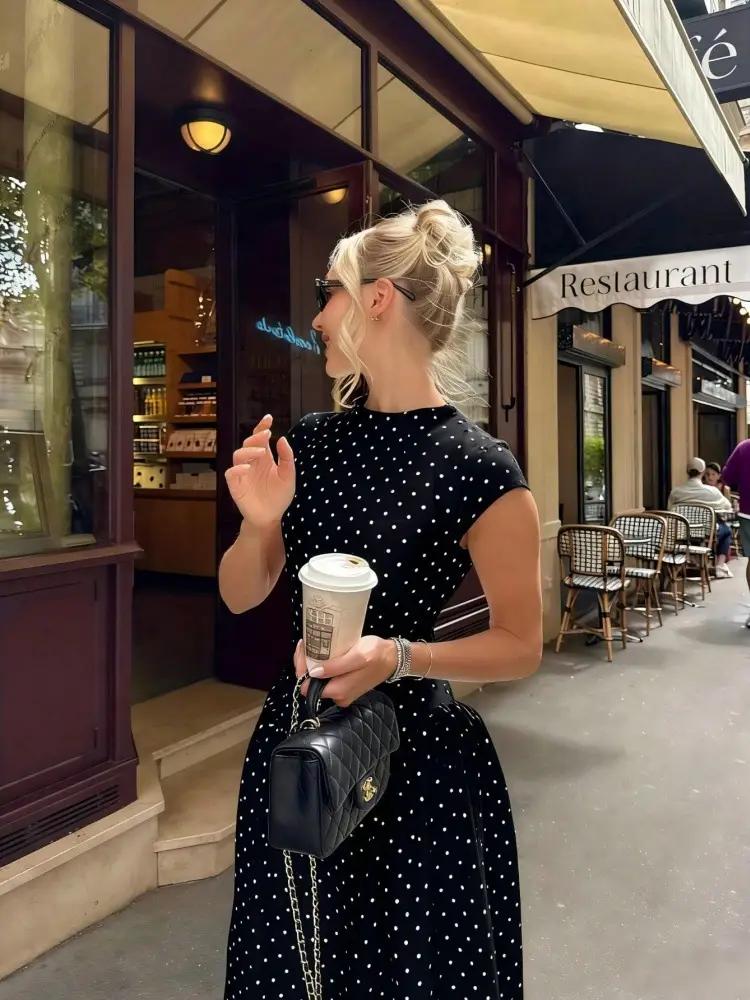 Cross-Border E-Commerce Women's Clothing French Classical Cheongsam Style Slim Fit Round Neck Sleeveless Figure-Flattering Polka Dot Print Dress for Women