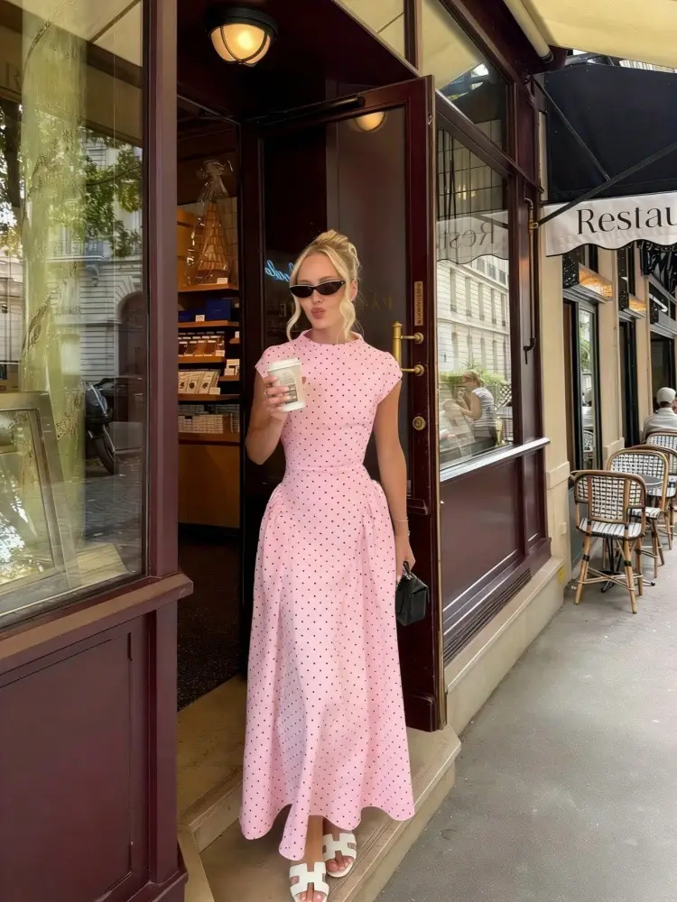 Cross-Border E-Commerce Women's Clothing French Classical Cheongsam Style Slim Fit Round Neck Sleeveless Figure-Flattering Polka Dot Print Dress for Women