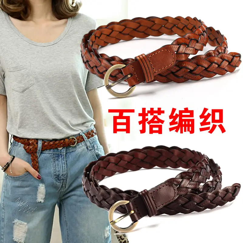 Korean fashion 3 strands of crushed cowhide woven candy thin ladies belt mixed batch women's leather belt wholesale