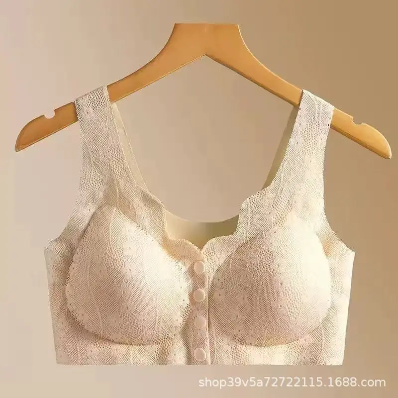 Seamless Plus-Size Women's Front-Clasp Bra for Middle-Aged and Elderly, Breathable, Side Breast Gathering, Lace, Wireless Bra