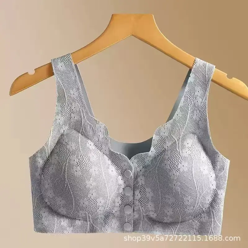 Seamless Plus-Size Women's Front-Clasp Bra for Middle-Aged and Elderly, Breathable, Side Breast Gathering, Lace, Wireless Bra