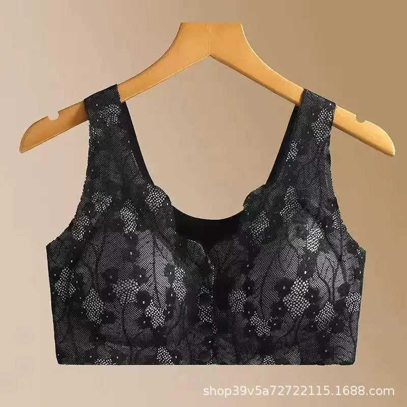 Seamless Plus-Size Women's Front-Clasp Bra for Middle-Aged and Elderly, Breathable, Side Breast Gathering, Lace, Wireless Bra