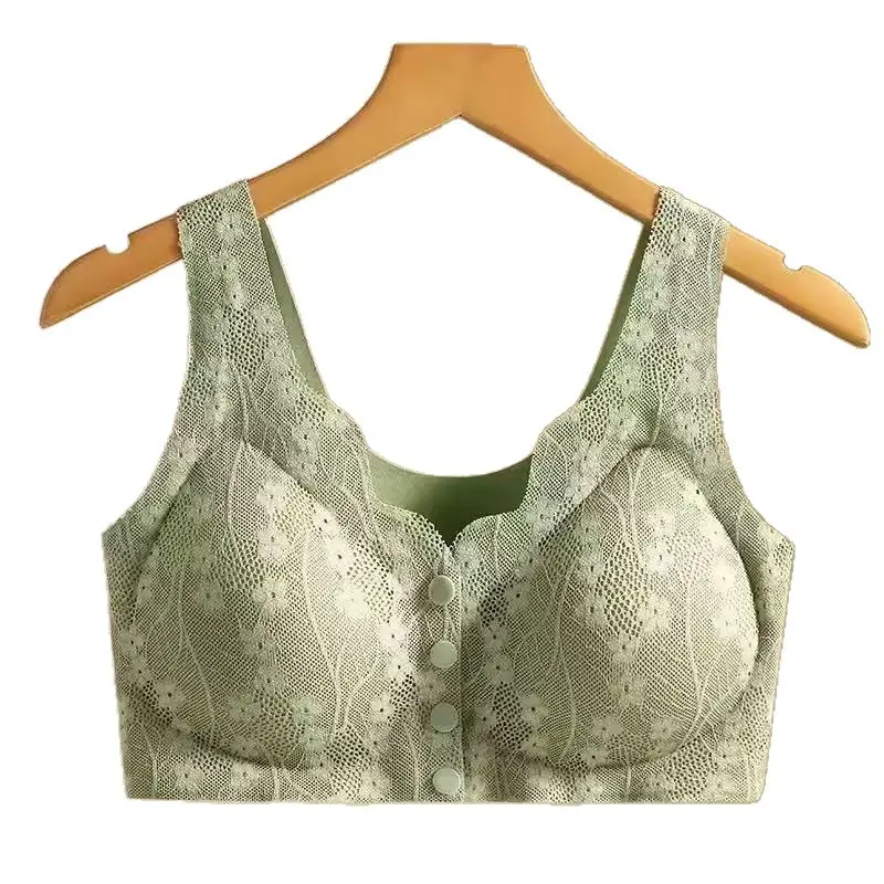 Seamless Plus-Size Women's Front-Clasp Bra for Middle-Aged and Elderly, Breathable, Side Breast Gathering, Lace, Wireless Bra