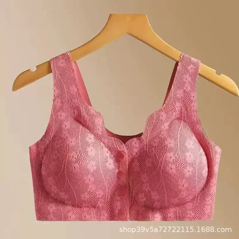 Seamless Plus-Size Women's Front-Clasp Bra for Middle-Aged and Elderly, Breathable, Side Breast Gathering, Lace, Wireless Bra