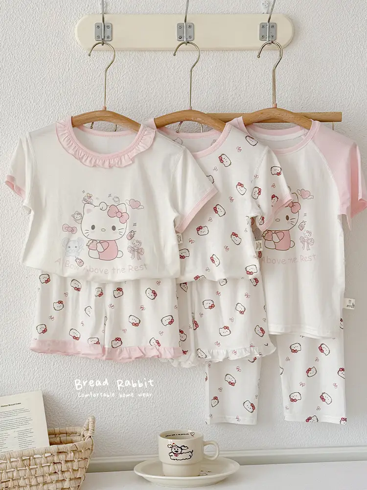 Bread Rabbit 2026 Summer Lyocell Class a Children's Homewear Set Girls' Cartoon Round Neck Children's Pajamas Summer Class a