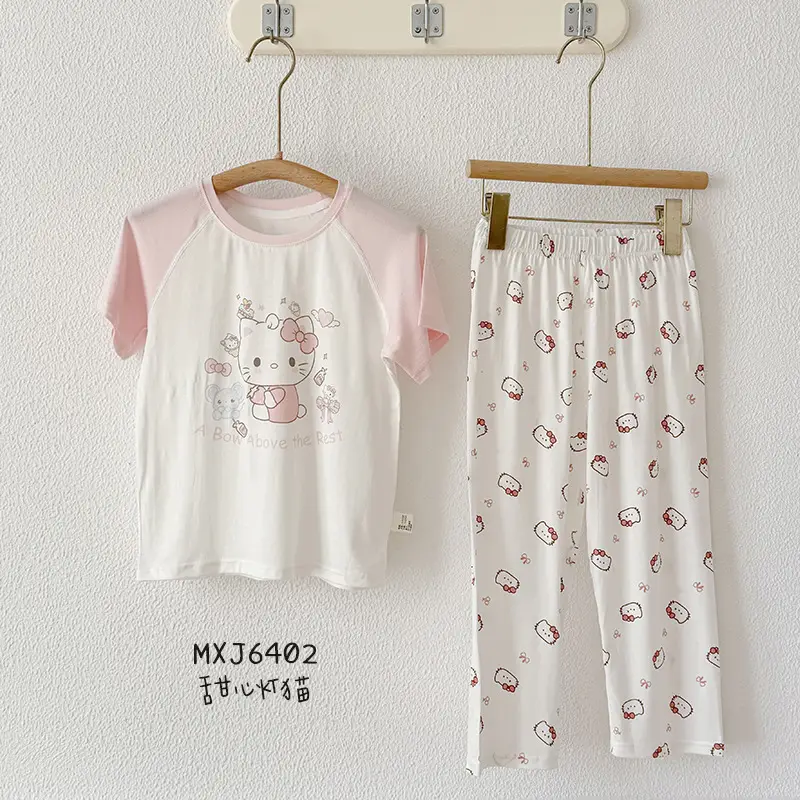 Bread Rabbit 2026 Summer Lyocell Class a Children's Homewear Set Girls' Cartoon Round Neck Children's Pajamas Summer Class a