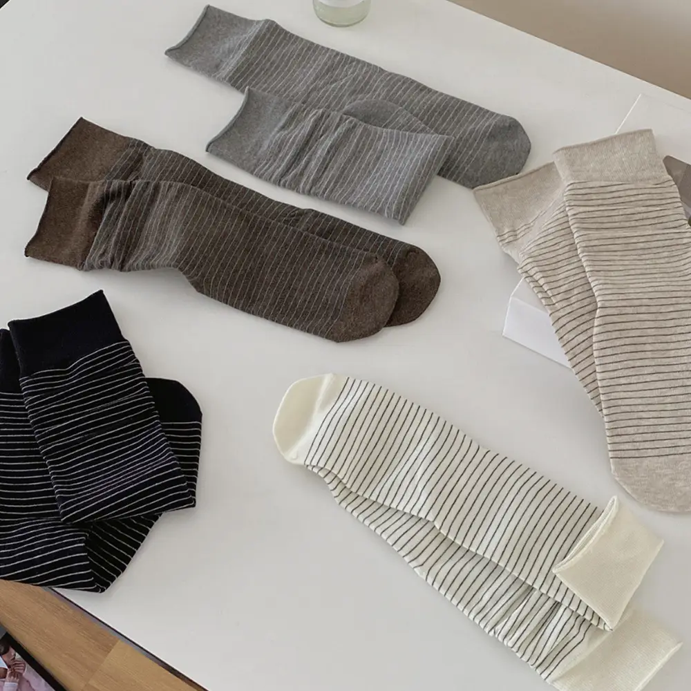 Vintage Striped Socks for Women, Spring and Summer Japanese Style Casual Mid-Calf Maternity Socks, Same Style as on Xiaohongshu, Seamless Cotton Slouch Socks