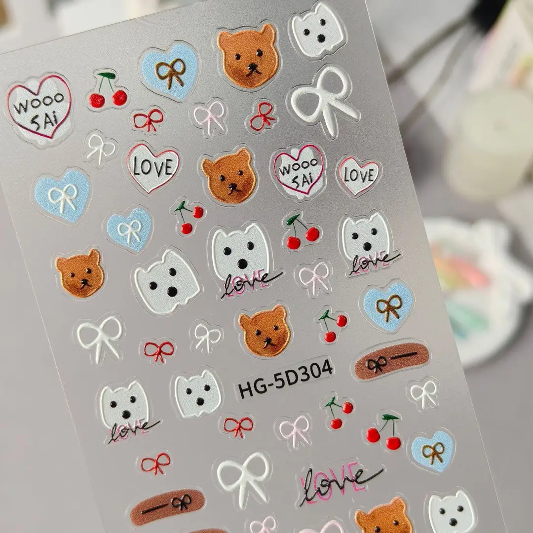 Cute and Adorable Puppy Nail Art Embossed Stickers in Stock, 3D Adhesive Waterproof Cartoon Cat Nail Stickers Hg Model