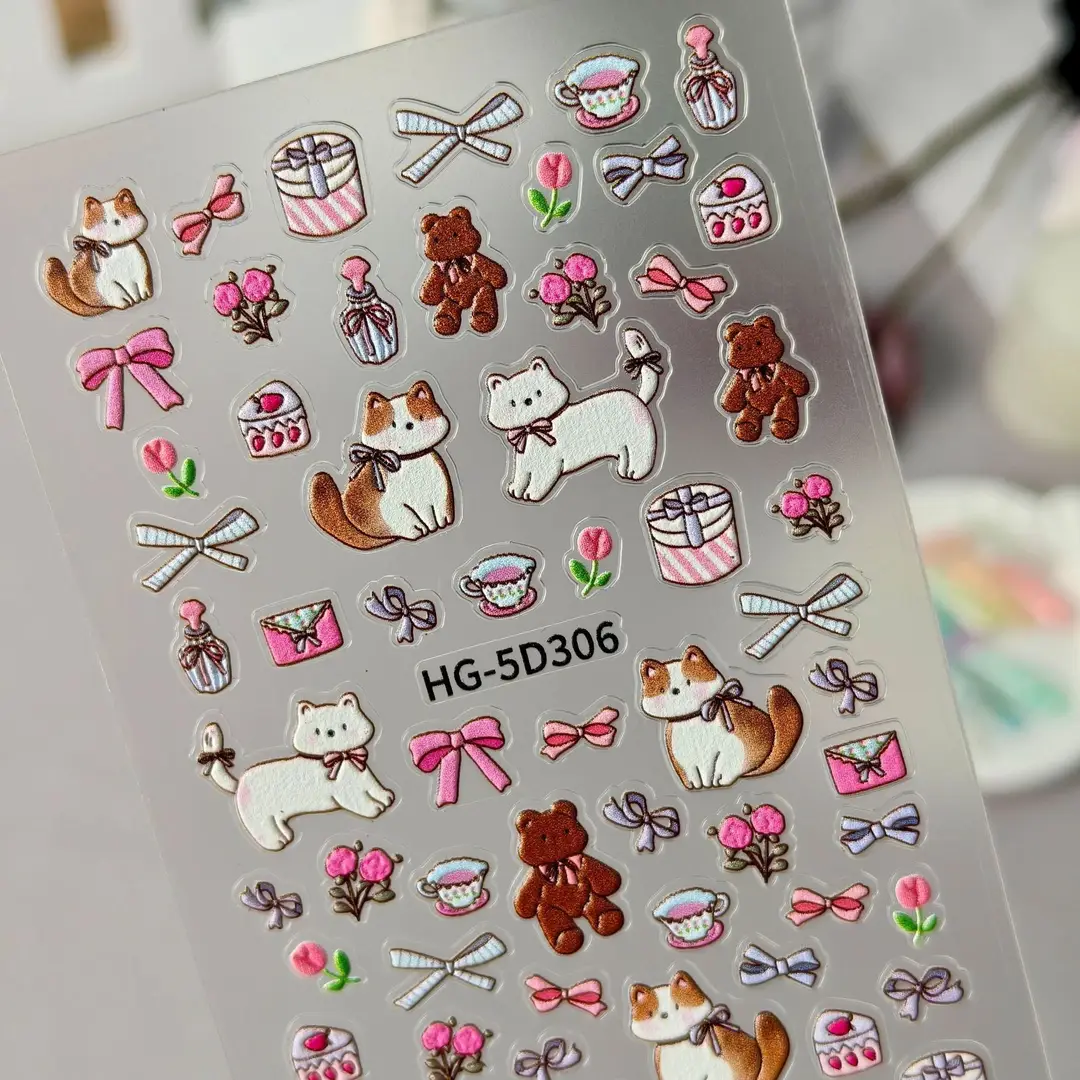 Cute and Adorable Puppy Nail Art Embossed Stickers in Stock, 3D Adhesive Waterproof Cartoon Cat Nail Stickers Hg Model