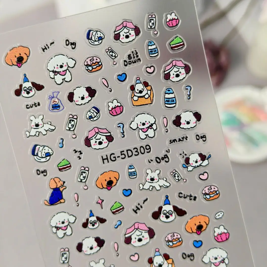 Cute and Adorable Puppy Nail Art Embossed Stickers in Stock, 3D Adhesive Waterproof Cartoon Cat Nail Stickers Hg Model