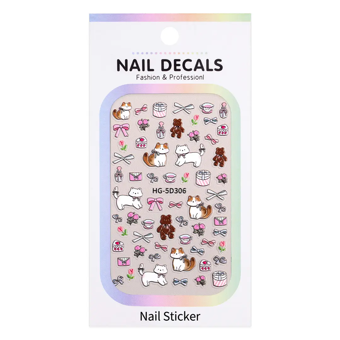 Cute and Adorable Puppy Nail Art Embossed Stickers in Stock, 3D Adhesive Waterproof Cartoon Cat Nail Stickers Hg Model