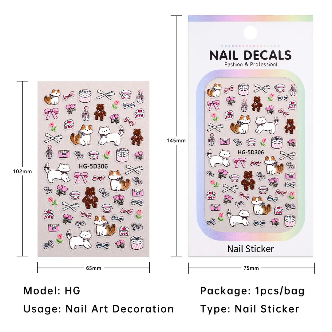 Cute and Adorable Puppy Nail Art Embossed Stickers in Stock, 3D Adhesive Waterproof Cartoon Cat Nail Stickers Hg Model — feature 3