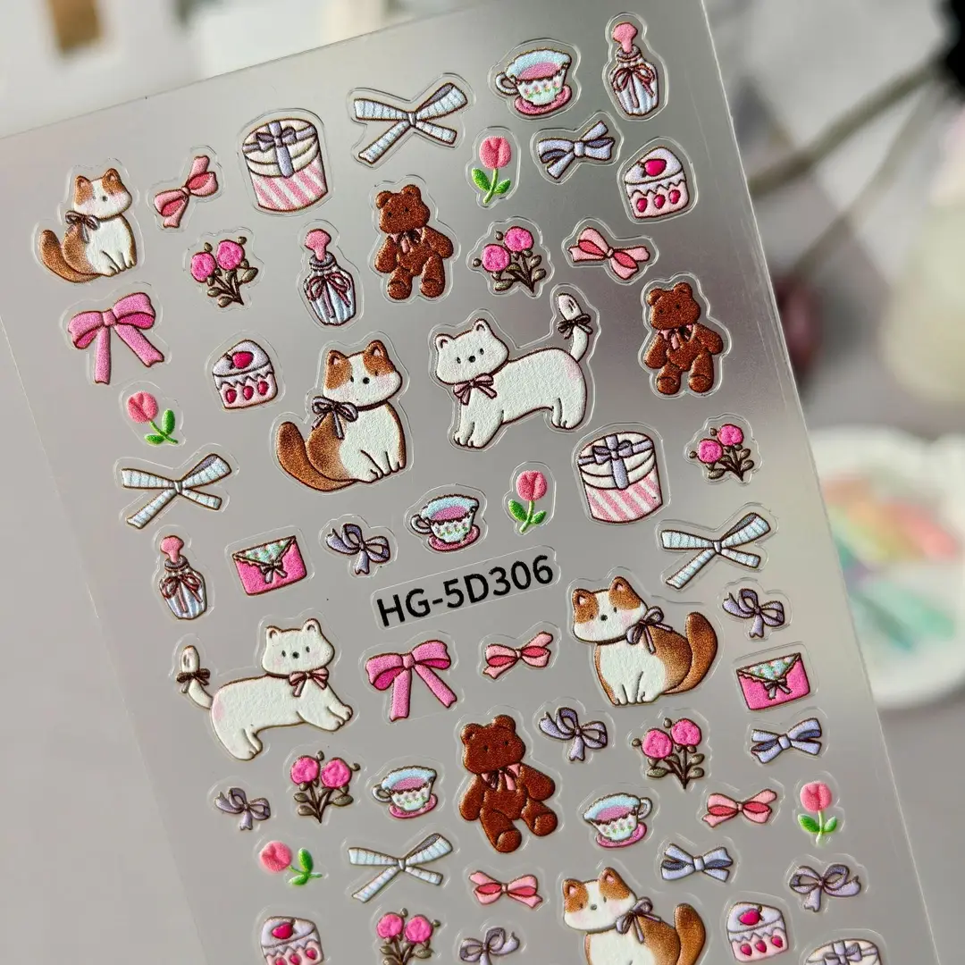 Cute and Adorable Puppy Nail Art Embossed Stickers in Stock, 3D Adhesive Waterproof Cartoon Cat Nail Stickers Hg Model — feature 7