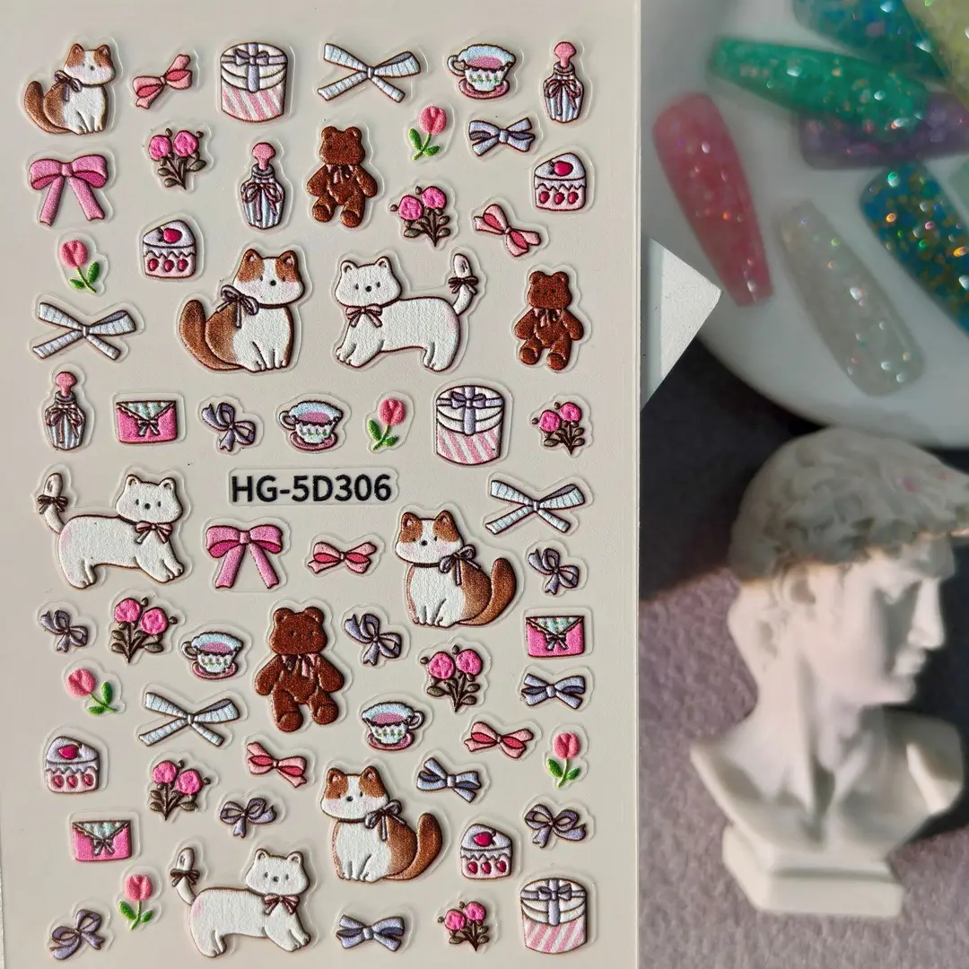 Cute and Adorable Puppy Nail Art Embossed Stickers in Stock, 3D Adhesive Waterproof Cartoon Cat Nail Stickers Hg Model
