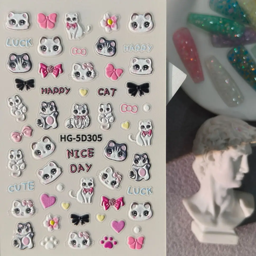 Cute and Adorable Puppy Nail Art Embossed Stickers in Stock, 3D Adhesive Waterproof Cartoon Cat Nail Stickers Hg Model