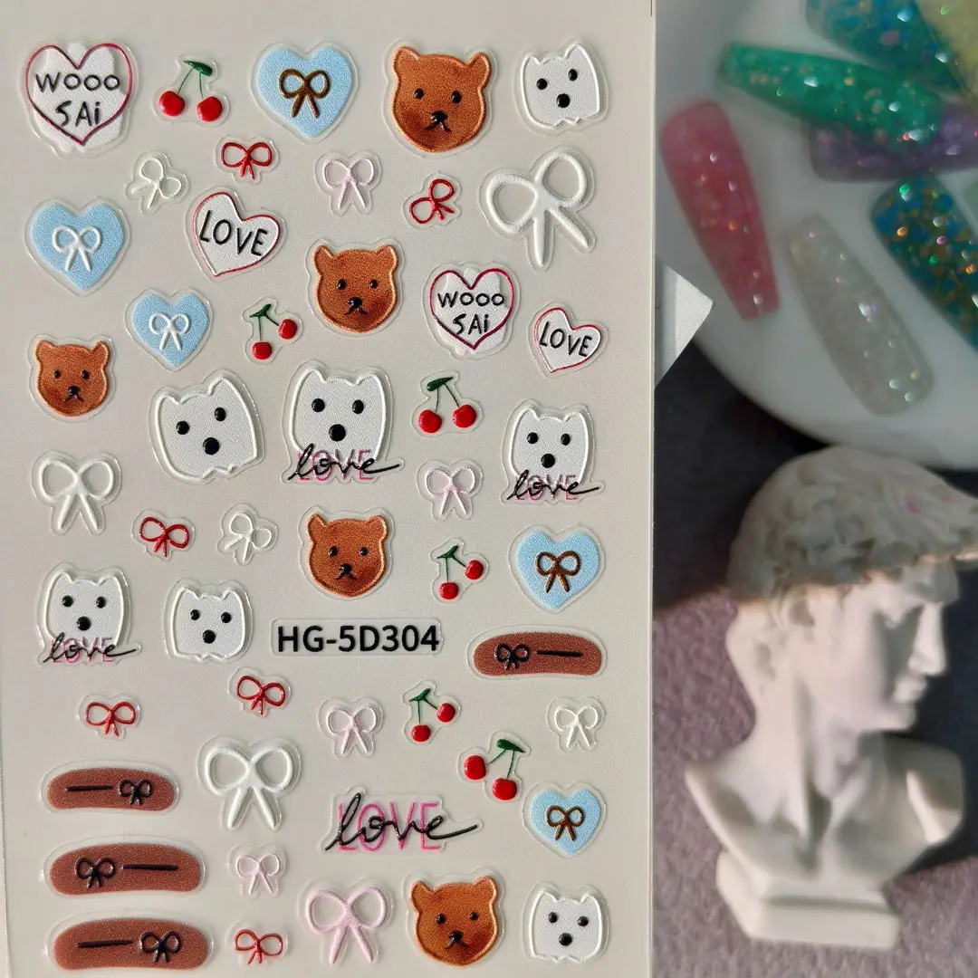 Cute and Adorable Puppy Nail Art Embossed Stickers in Stock, 3D Adhesive Waterproof Cartoon Cat Nail Stickers Hg Model