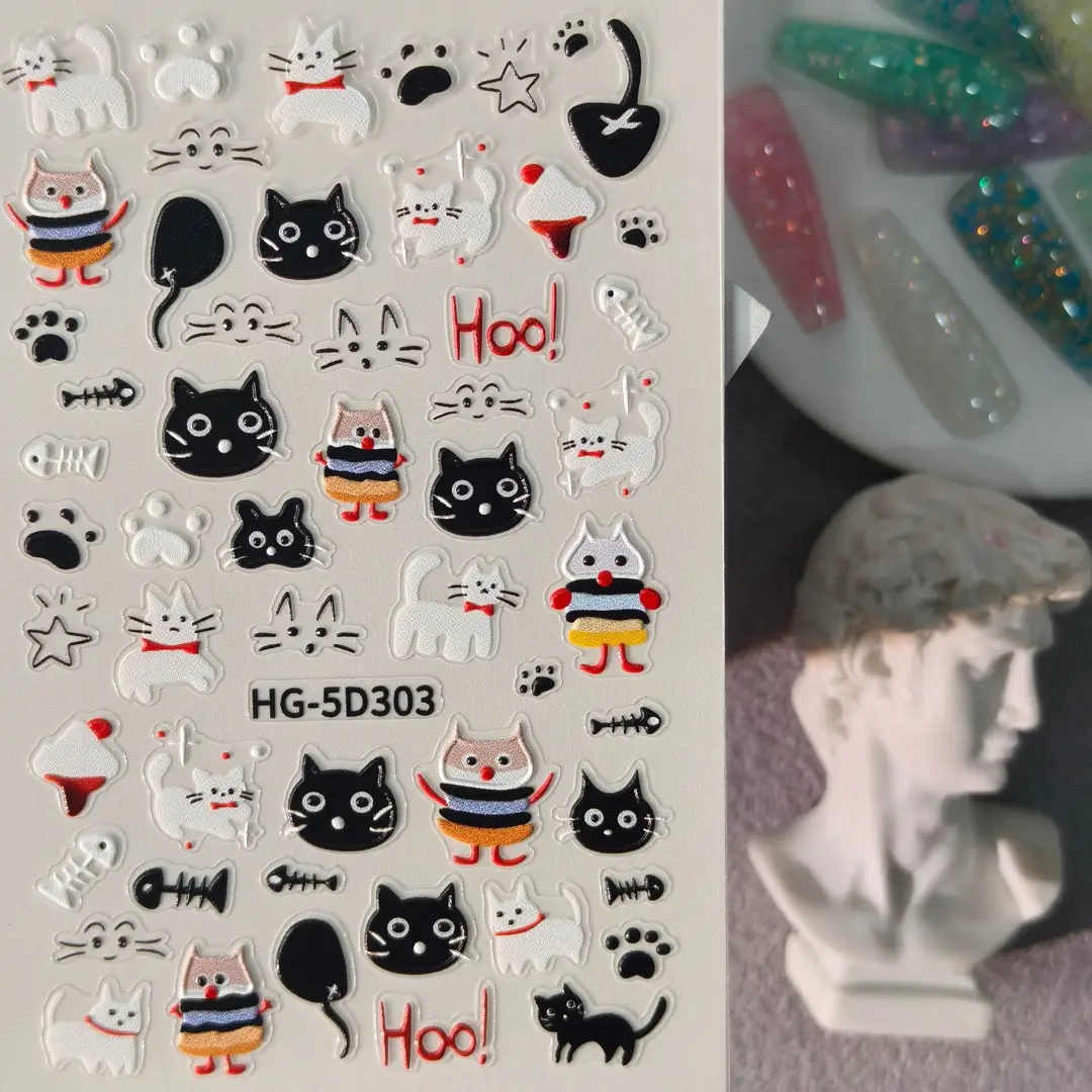 Cute and Adorable Puppy Nail Art Embossed Stickers in Stock, 3D Adhesive Waterproof Cartoon Cat Nail Stickers Hg Model