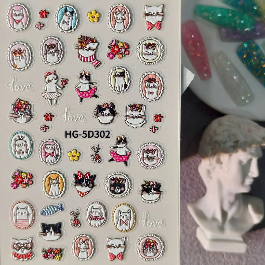 Cute and Adorable Puppy Nail Art Embossed Stickers in Stock, 3D Adhesive Waterproof Cartoon Cat Nail Stickers Hg Model