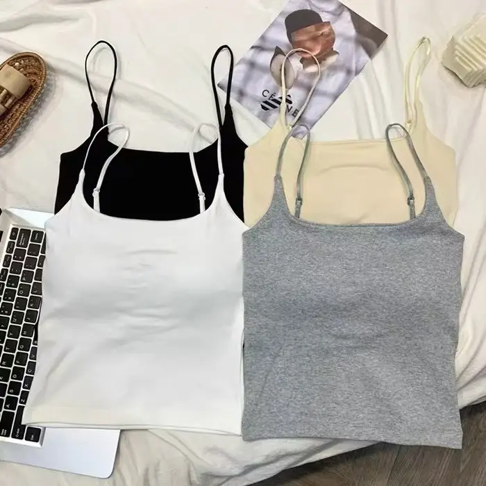 702 # Hot Girl's Simple Solid Color Camisole with Chest Pads, Beautiful Back Design, Versatile Base Layer, Slim Fit, Pure Cotton Top
