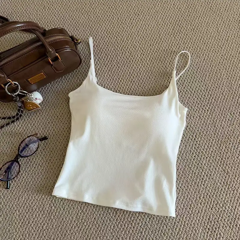 702 # Hot Girl's Simple Solid Color Camisole with Chest Pads, Beautiful Back Design, Versatile Base Layer, Slim Fit, Pure Cotton Top