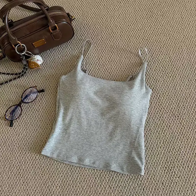 702 # Hot Girl's Simple Solid Color Camisole with Chest Pads, Beautiful Back Design, Versatile Base Layer, Slim Fit, Pure Cotton Top