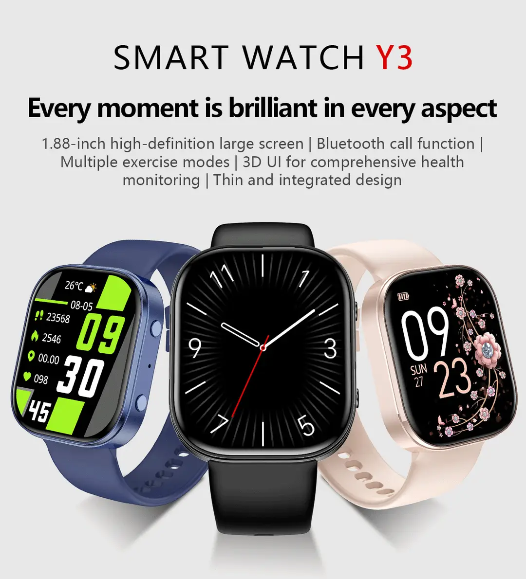 New Y3 Smart Watch with Bluetooth Calling, Heart Rate and Blood Oxygen Monitoring, Exercise Tracking, Customizable Watch Face, Cross-Border Watch — feature 1