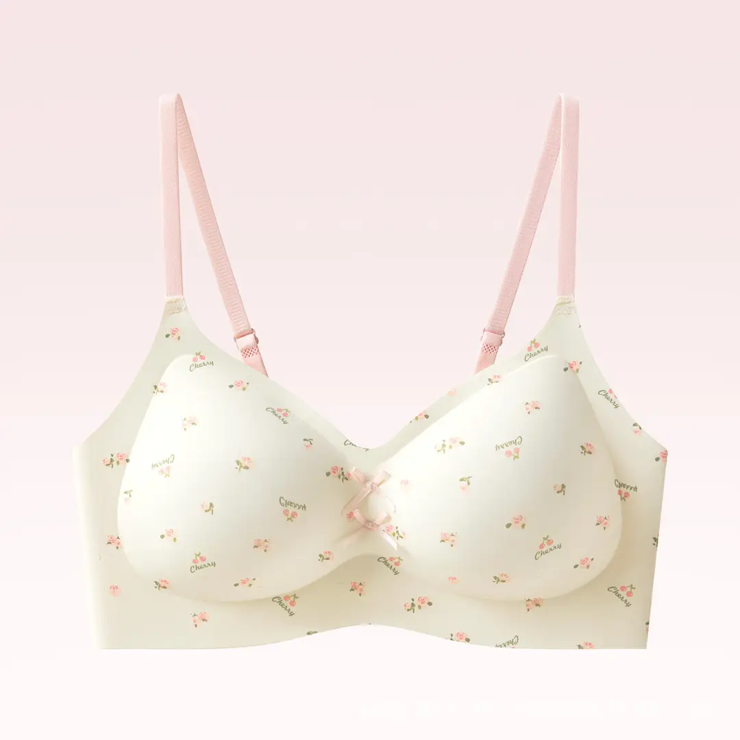 Fresh Pastoral Style Seamless Beauty Back Bra for Girls, Anti-Sagging Floral Jelly Gel Small Chest Push-Up Bra for Women