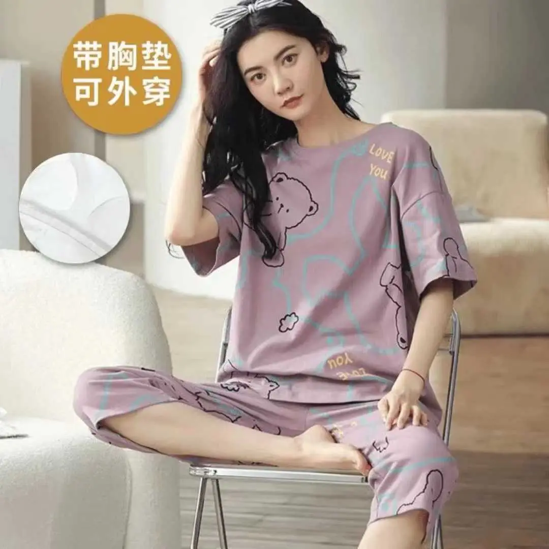 Summer New Style Short-Sleeved Women's Pajamas with Chest Pads and Three-Quarter Pants Set, Korean-Style Loose-Fitting Plus-Size Youth Loungewear