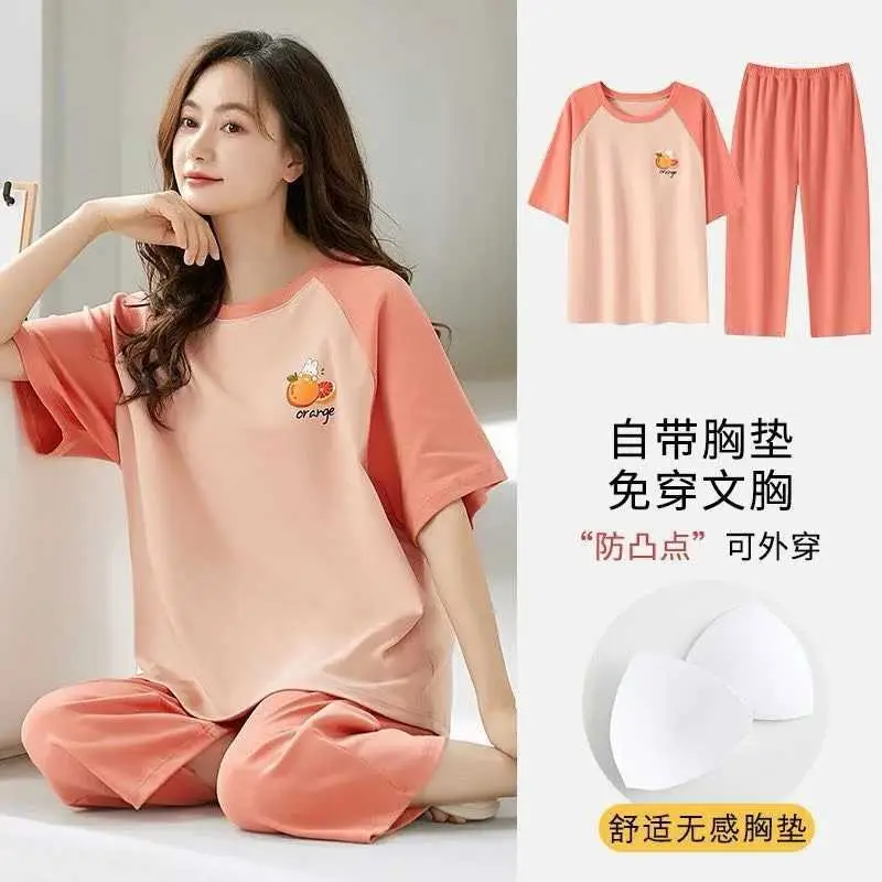 Summer New Style Short-Sleeved Women's Pajamas with Chest Pads and Three-Quarter Pants Set, Korean-Style Loose-Fitting Plus-Size Youth Loungewear
