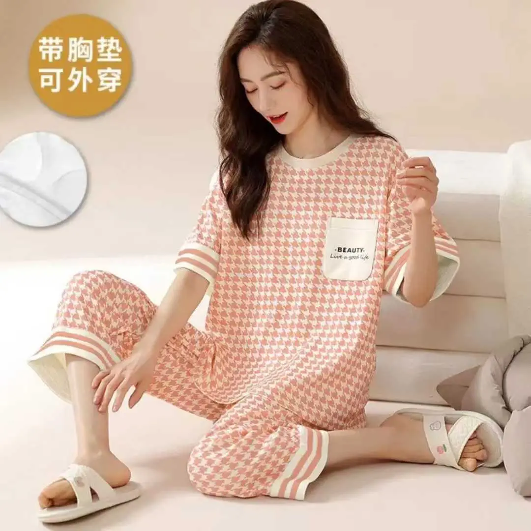 Summer New Style Short-Sleeved Women's Pajamas with Chest Pads and Three-Quarter Pants Set, Korean-Style Loose-Fitting Plus-Size Youth Loungewear