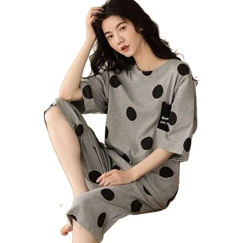 Summer New Style Short-Sleeved Women's Pajamas with Chest Pads and Three-Quarter Pants Set, Korean-Style Loose-Fitting Plus-Size Youth Loungewear