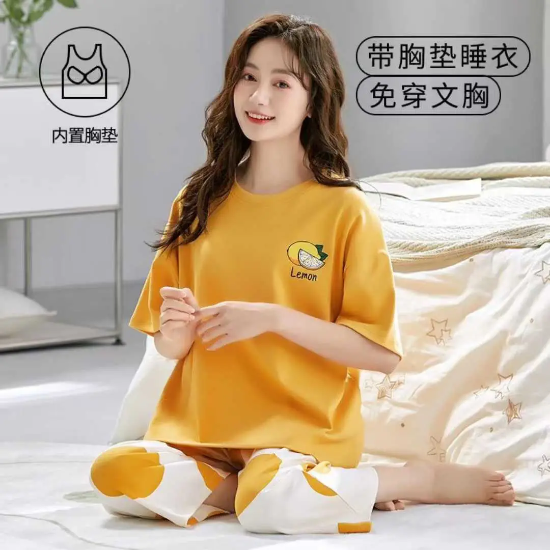 Summer New Style Short-Sleeved Women's Pajamas with Chest Pads and Three-Quarter Pants Set, Korean-Style Loose-Fitting Plus-Size Youth Loungewear