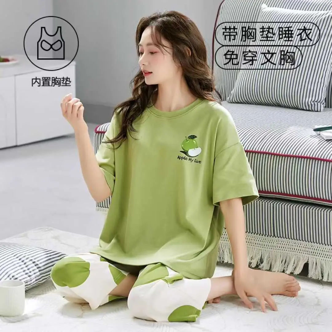 Summer New Style Short-Sleeved Women's Pajamas with Chest Pads and Three-Quarter Pants Set, Korean-Style Loose-Fitting Plus-Size Youth Loungewear