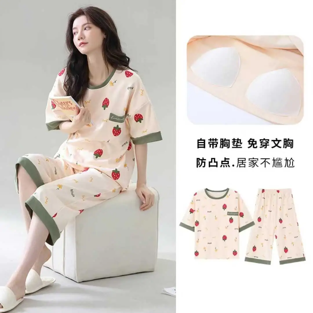 Summer New Style Short-Sleeved Women's Pajamas with Chest Pads and Three-Quarter Pants Set, Korean-Style Loose-Fitting Plus-Size Youth Loungewear