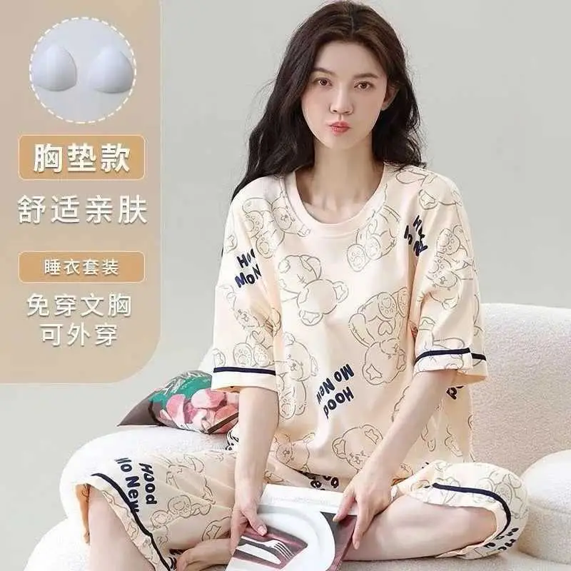 Summer New Style Short-Sleeved Women's Pajamas with Chest Pads and Three-Quarter Pants Set, Korean-Style Loose-Fitting Plus-Size Youth Loungewear