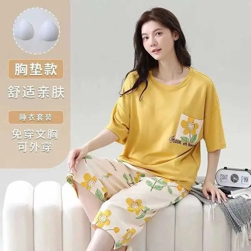Summer New Style Short-Sleeved Women's Pajamas with Chest Pads and Three-Quarter Pants Set, Korean-Style Loose-Fitting Plus-Size Youth Loungewear