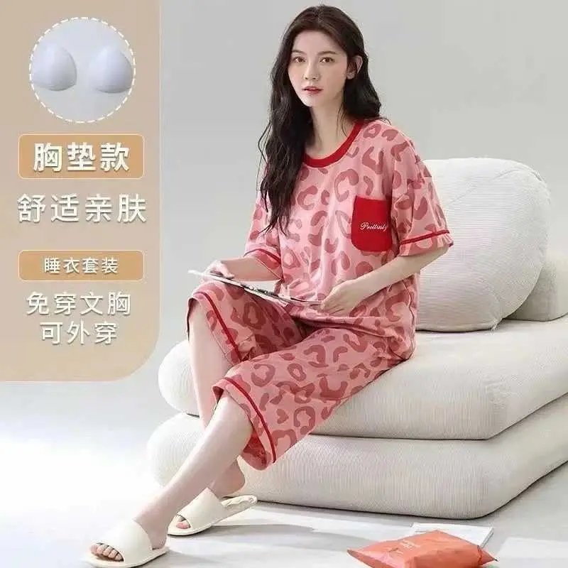 Summer New Style Short-Sleeved Women's Pajamas with Chest Pads and Three-Quarter Pants Set, Korean-Style Loose-Fitting Plus-Size Youth Loungewear
