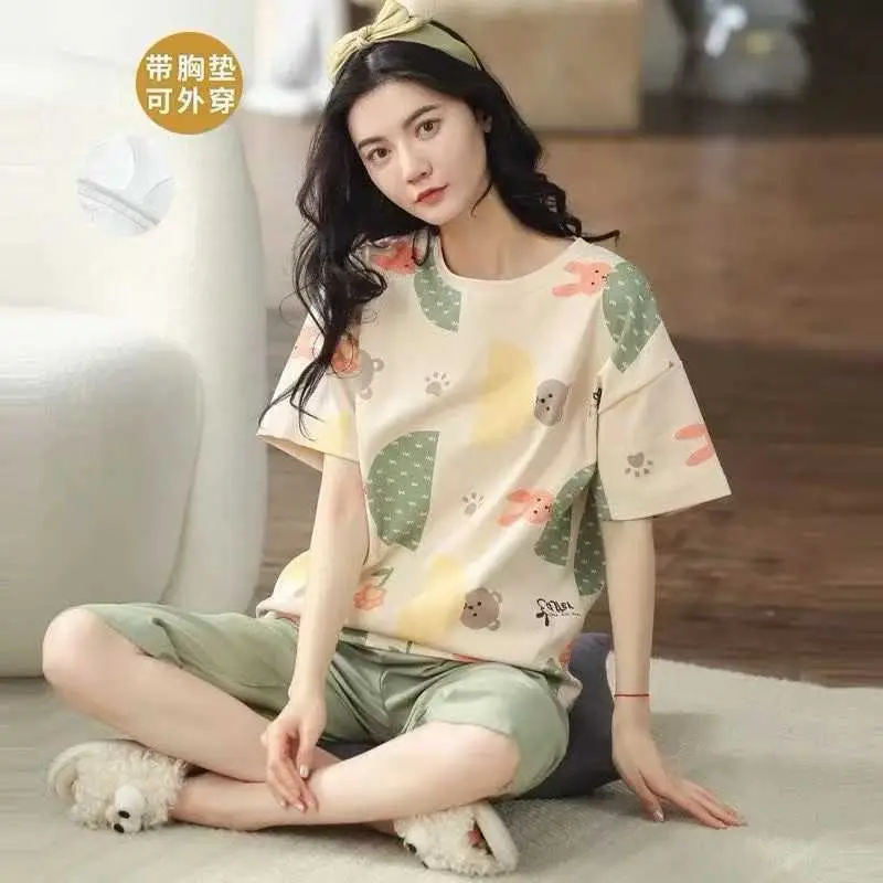 Summer New Style Short-Sleeved Women's Pajamas with Chest Pads and Three-Quarter Pants Set, Korean-Style Loose-Fitting Plus-Size Youth Loungewear