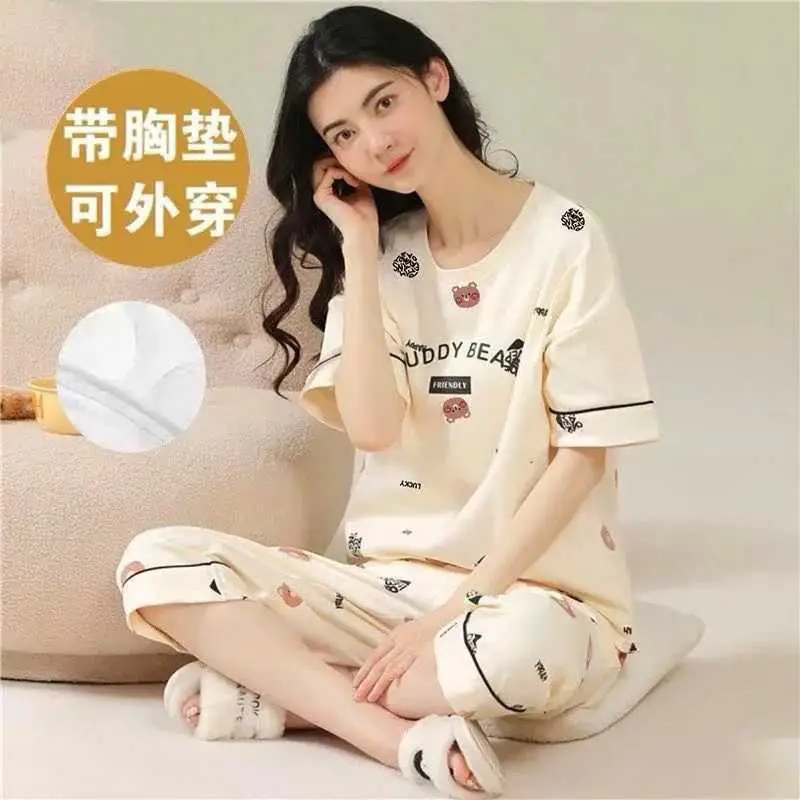 Summer New Style Short-Sleeved Women's Pajamas with Chest Pads and Three-Quarter Pants Set, Korean-Style Loose-Fitting Plus-Size Youth Loungewear