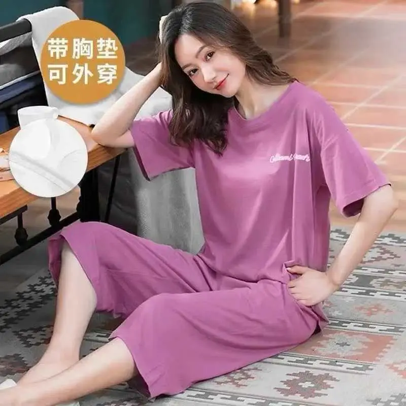 Summer New Style Short-Sleeved Women's Pajamas with Chest Pads and Three-Quarter Pants Set, Korean-Style Loose-Fitting Plus-Size Youth Loungewear