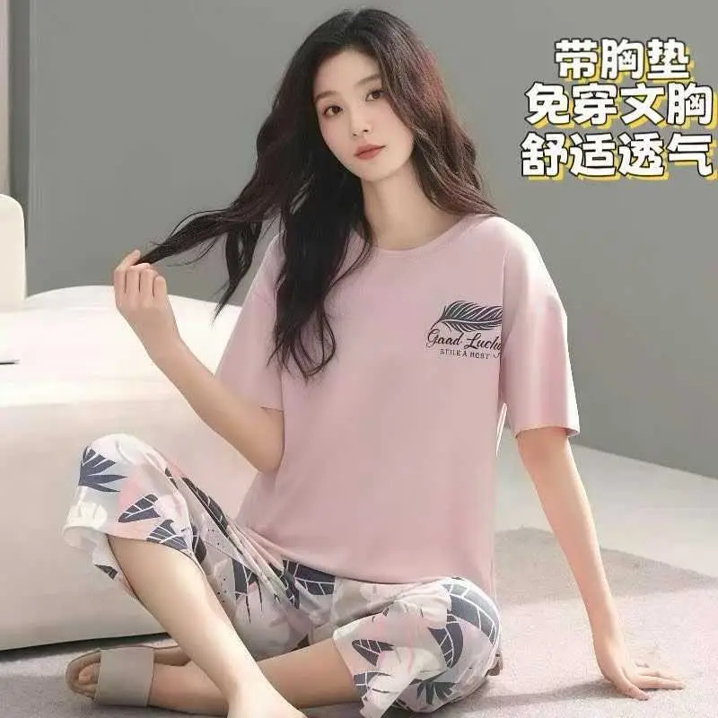 Summer New Style Short-Sleeved Women's Pajamas with Chest Pads and Three-Quarter Pants Set, Korean-Style Loose-Fitting Plus-Size Youth Loungewear