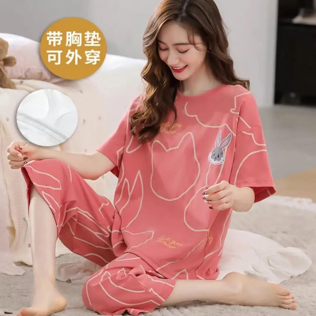 Summer New Style Short-Sleeved Women's Pajamas with Chest Pads and Three-Quarter Pants Set, Korean-Style Loose-Fitting Plus-Size Youth Loungewear