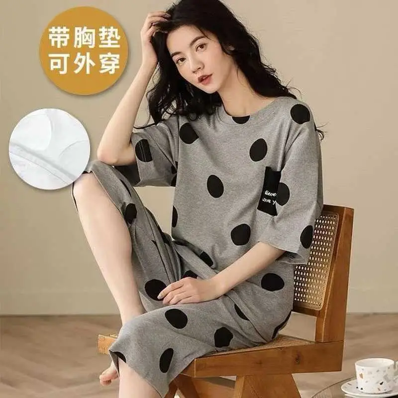 Summer New Style Short-Sleeved Women's Pajamas with Chest Pads and Three-Quarter Pants Set, Korean-Style Loose-Fitting Plus-Size Youth Loungewear